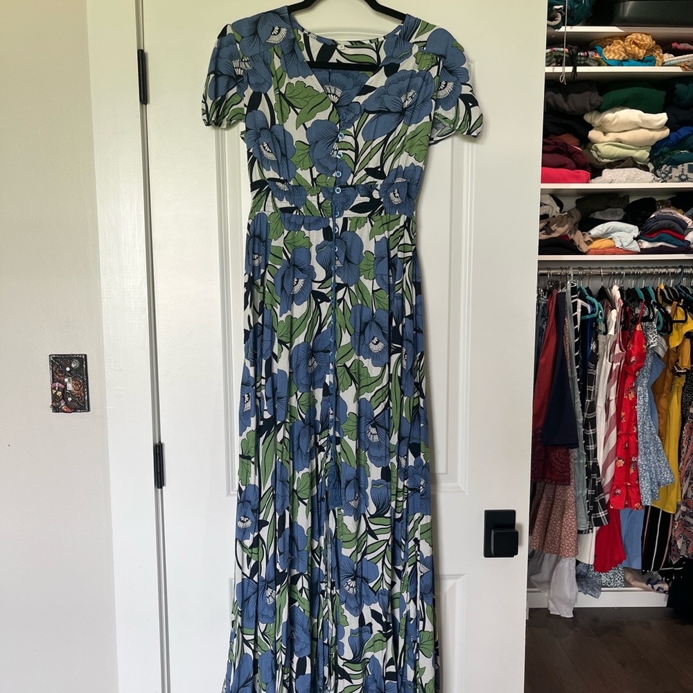 Medium, long blue, green, and white floral dress.